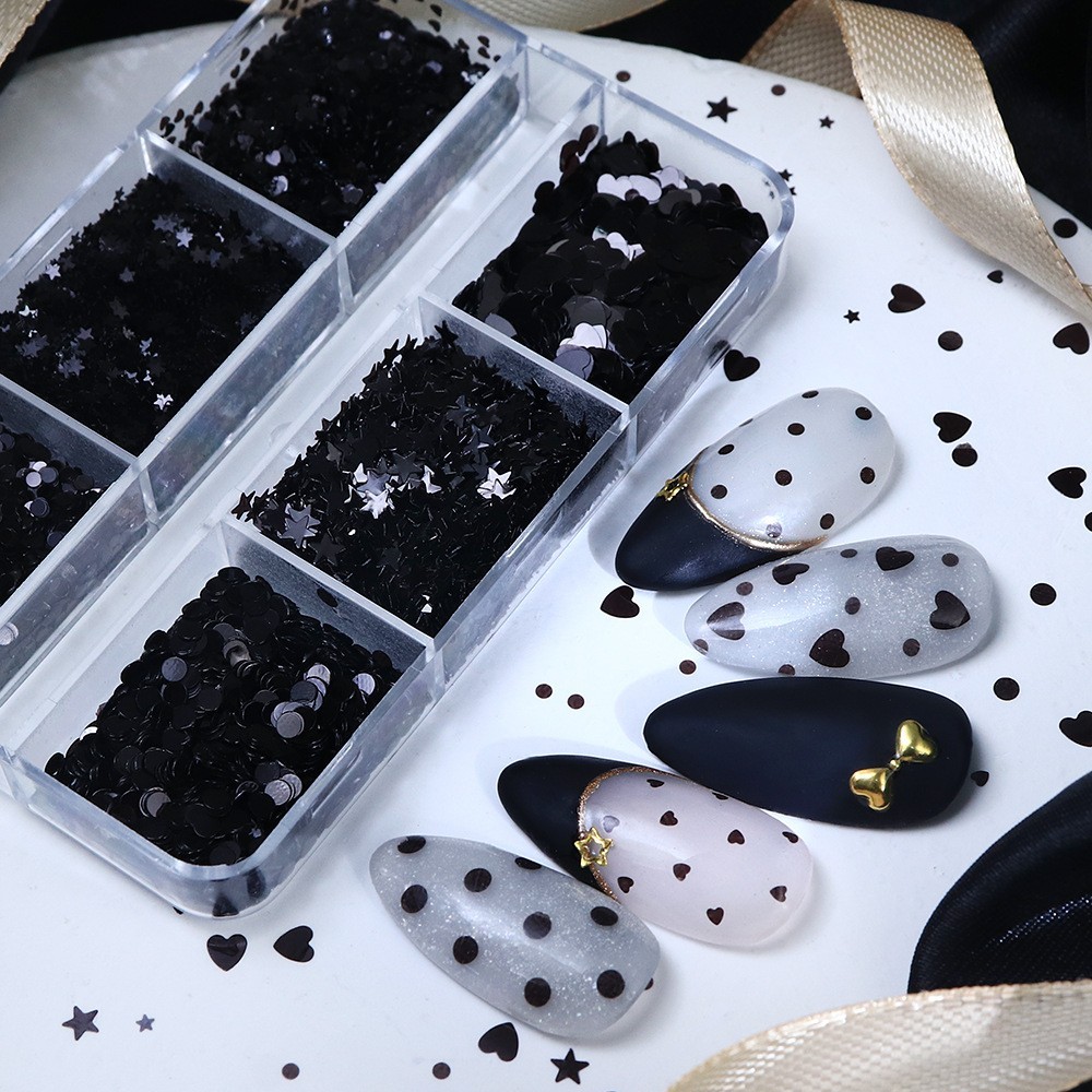Black Star & Heart Shape Nail Glitter 6 Grids 3D Sequins for Nail Art Decoration