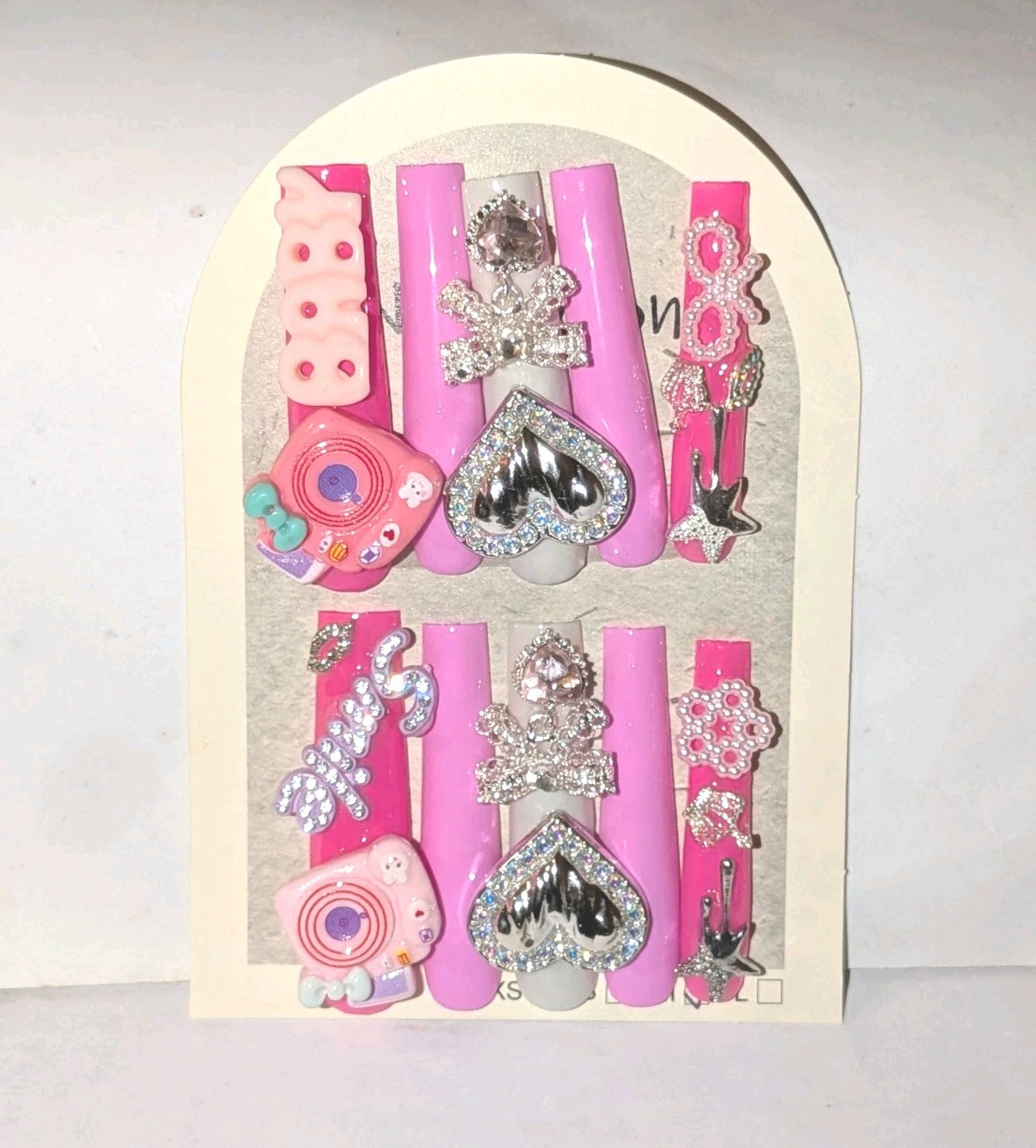 Handmade 3xl Acrylic Pink Rhinestone Heart & Bow Decorative Press-On Nails Sz L