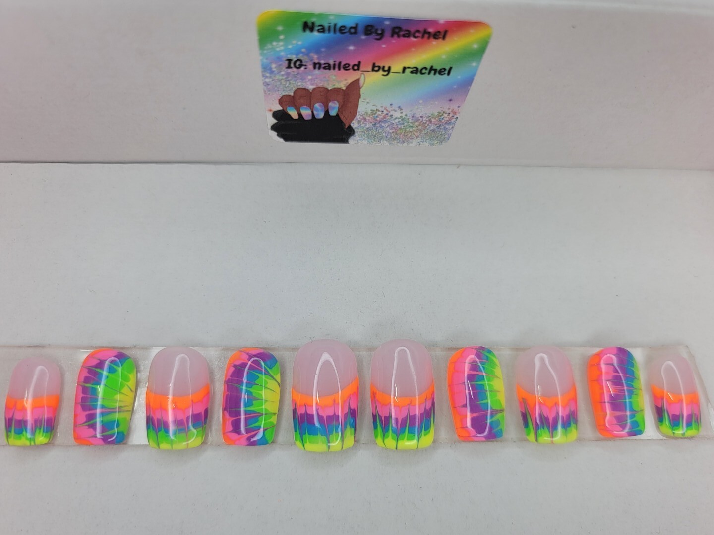 Rainbow neon tie-dye press on nails short square French tip pride nails