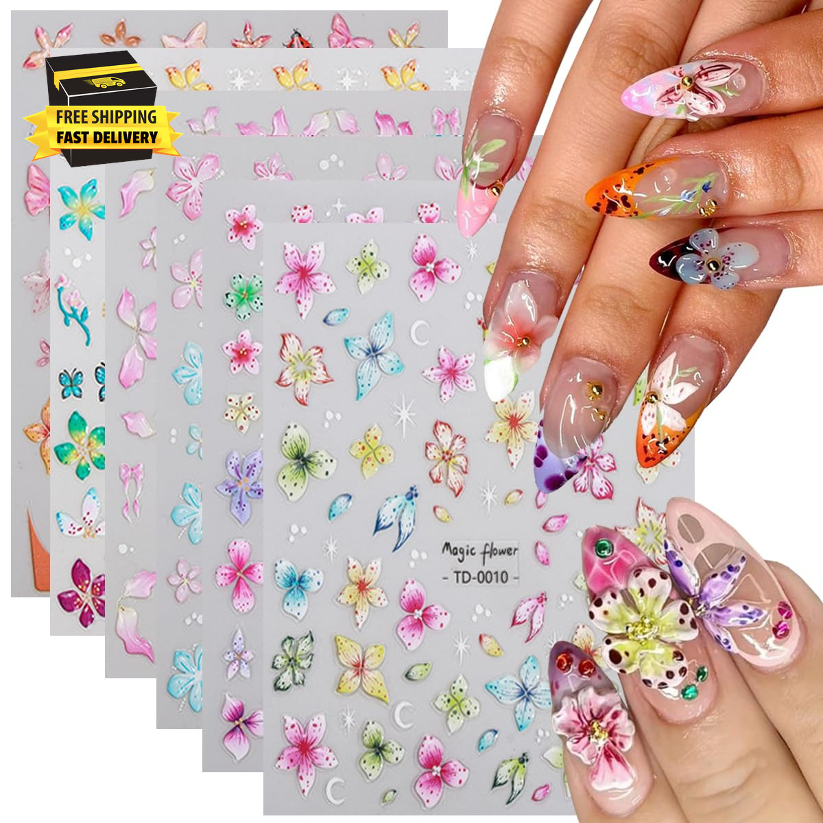 Flowers Nail Art Sticker- 5D Embossed Lily Flower Nail Decals Spring Colored Orc