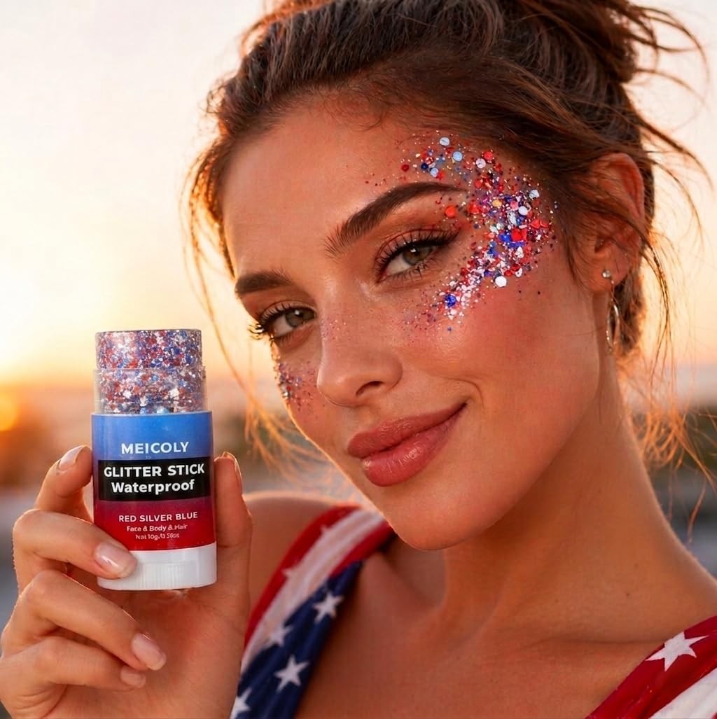 Red White and Blue Face Body Glitter Stick with Star Sequins,4th of July Acce…