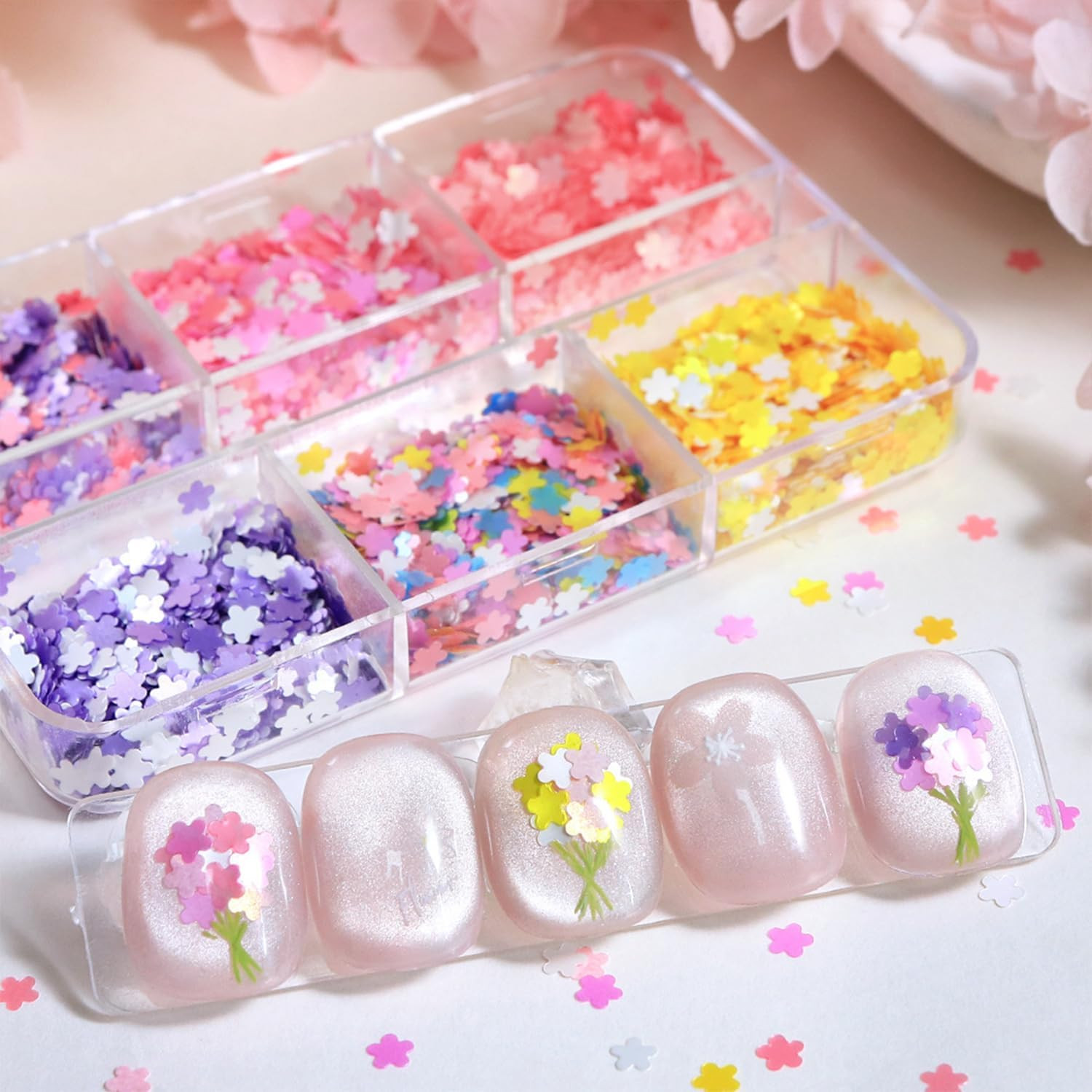 Colorful Flower Nails Sequins Spring Summer Nails Glitter Flakes Design Holograp
