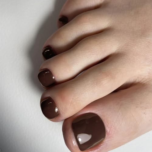 Solid Color Brown Press on Toenails for Women, 24Pcs Glossy glossy dark brown
