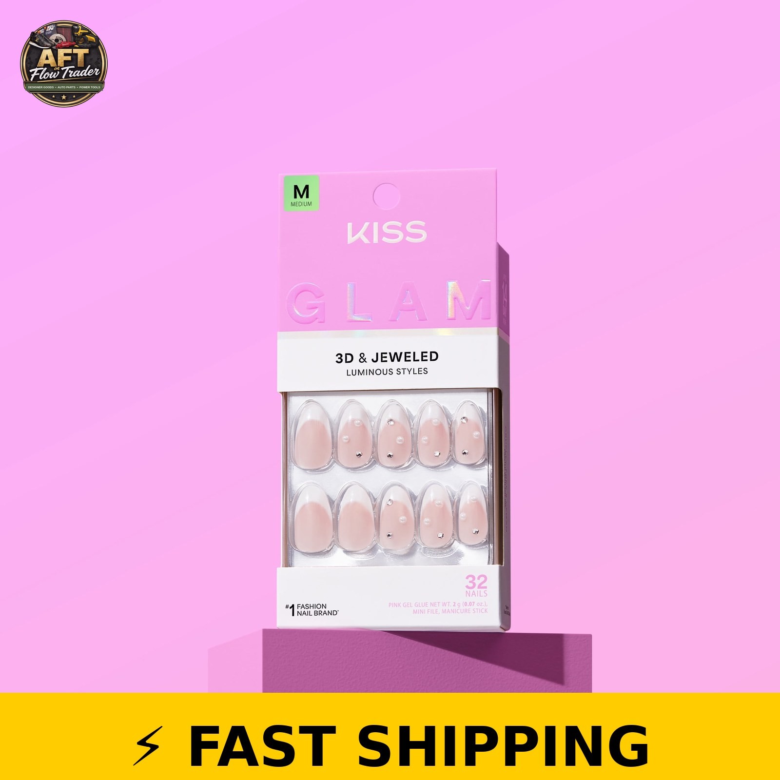 Kiss Glam 3D Press On Nails Almond, Serendipity Awaits, Medium 32 Count