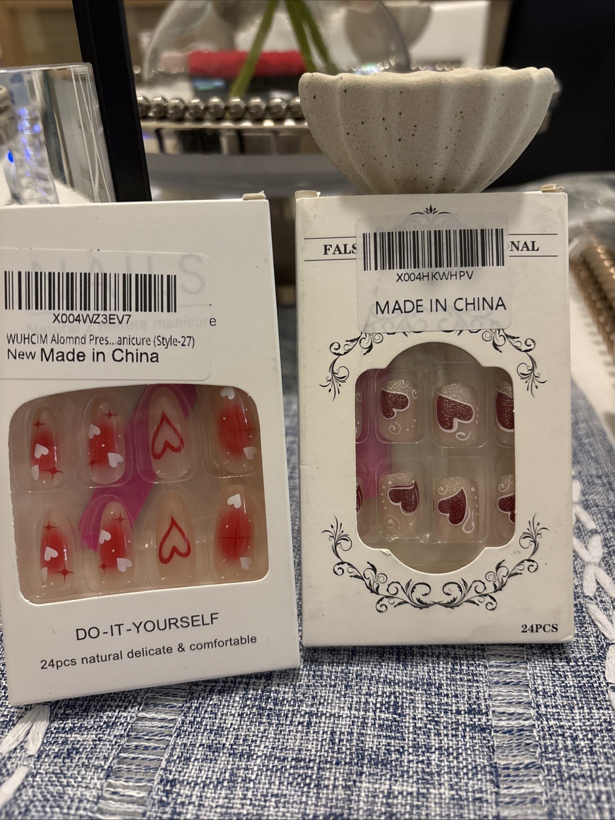 Set Of 2 Long And Medium Press On Nail Kits. With Predesigned Hearts