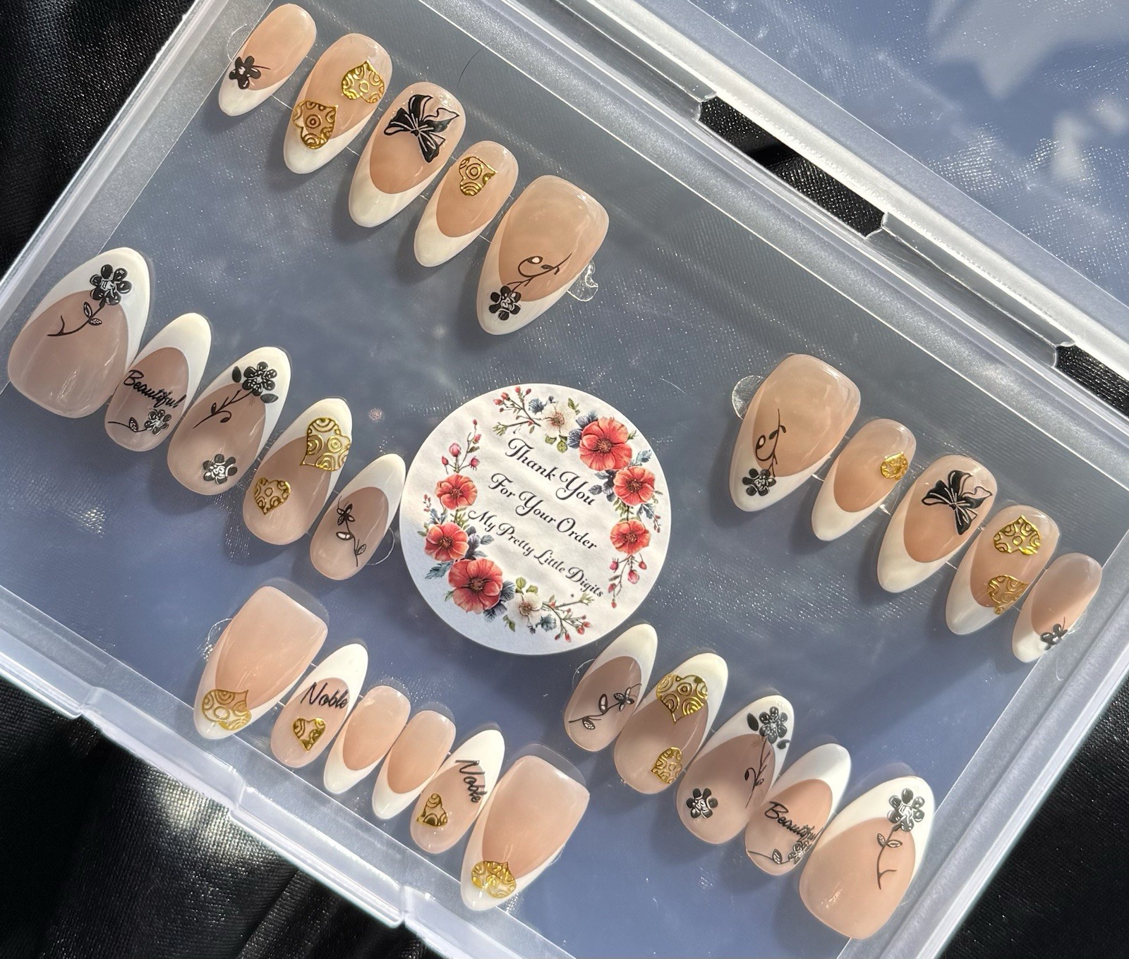 MyPrettyLittleDigits Natural French W/Blk flowers Nail Set Of 26~Free Gifts❣️