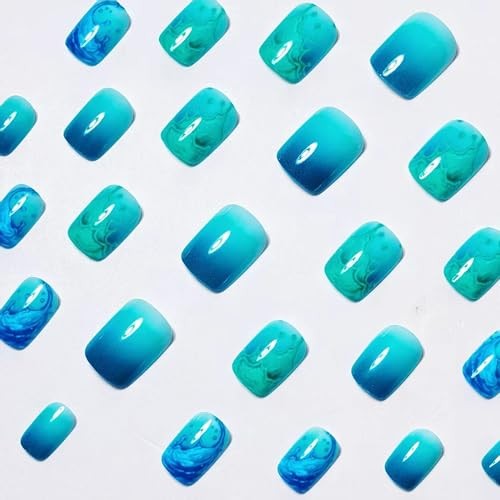 Blue Teal Gradient Press on Nails Short Square Fake Nails Ocean Wave Square-03