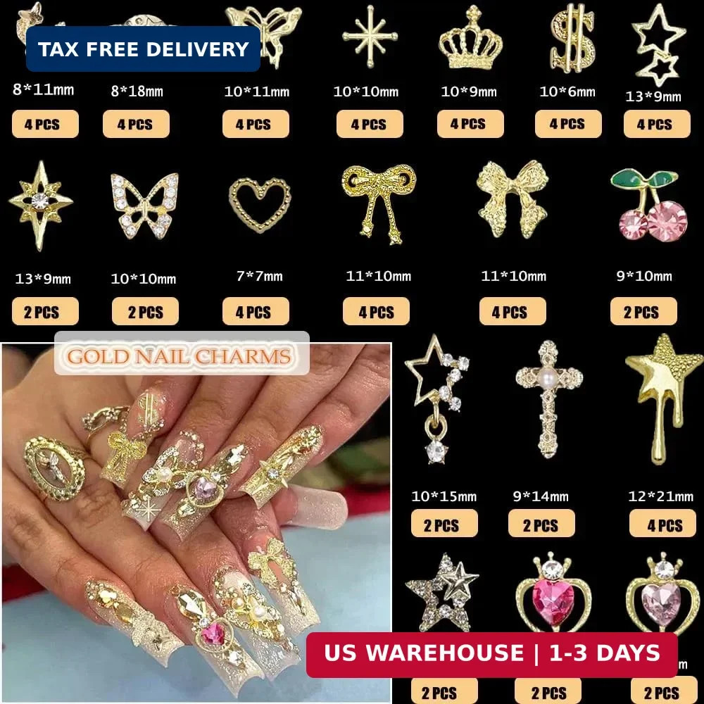 120 Pcs Silver Gold Nail Charms 3D Butterfly Cherry Star Bow Cross Planet Crown