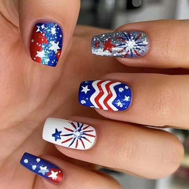 48pcs-USA Themed Press on Nails with Fireworks, Chevron and Stars, Glossy Square