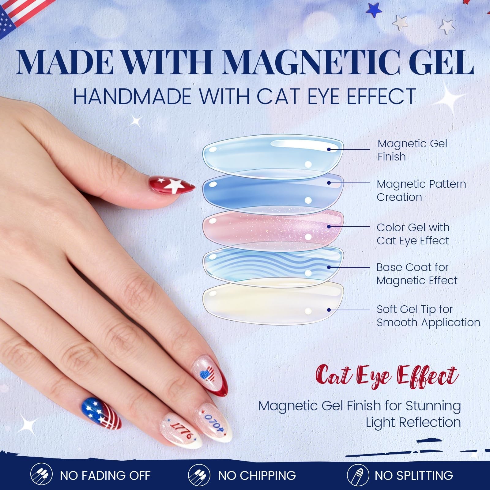 4th of July Press On Nails – Almond Cat Eye, Salon Quality, Reusable 32 Nail Kit
