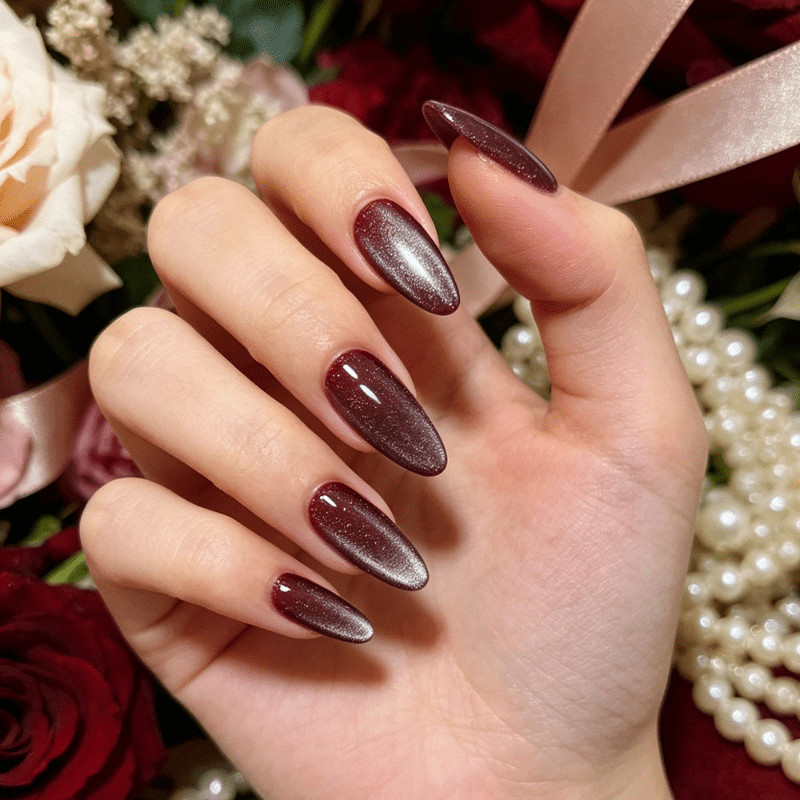 48 Pcs Wine Red Cat Eye Press on Nails, Medium Almond Metallic Shiny Fake Nails