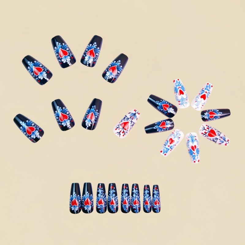 48 Pcs of Valentine’s Day Blue Heart-shaped Long Ballet Nail Fashion Fake Nail