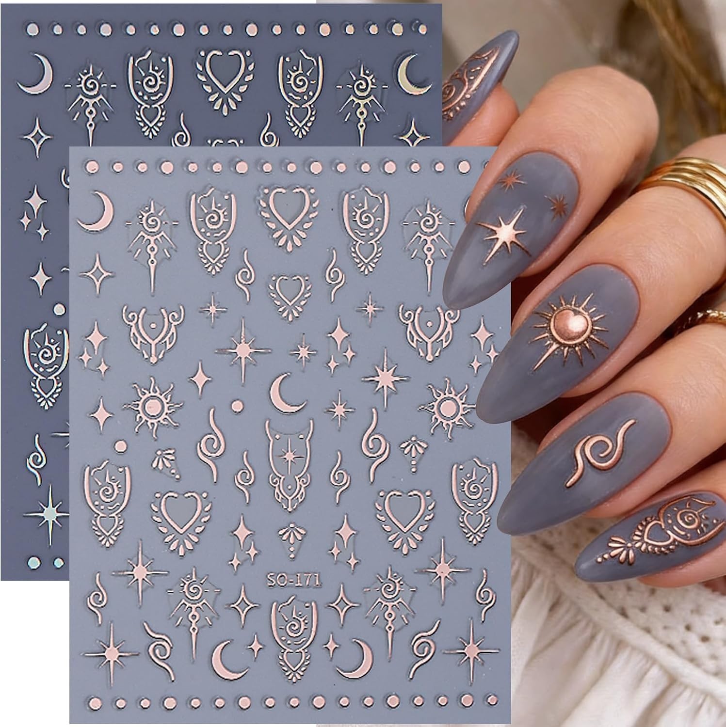 Elegant Holographic Nail Decals – 12 PCS Sun Heart & Stars for Every Occasion