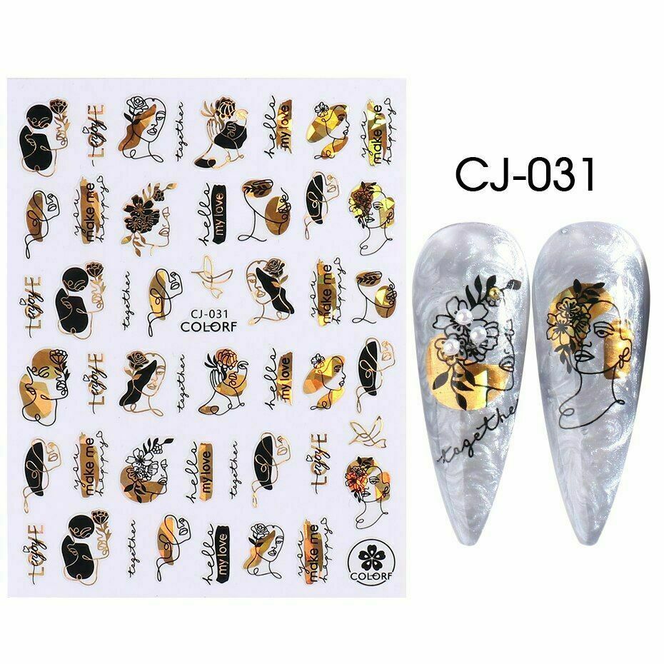 3D Nail Art Sticker Holographic Flower Clover Abstract Face Letter Slider NS18