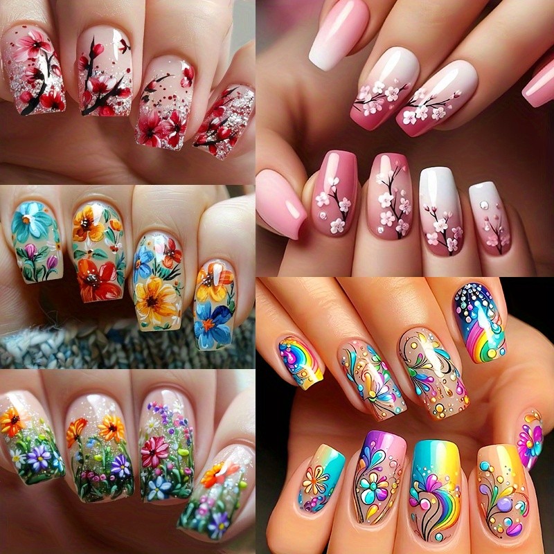 120pcs (5 Pack) Fashion Rainbow Decor Press On Nails Colorful Nail Art Festival
