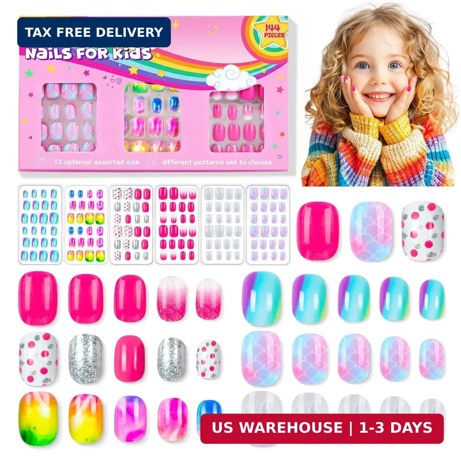 144 Pieces 6 Pack Kids Press on Nails Artificial Fake Nails for Kids Girls Pr…