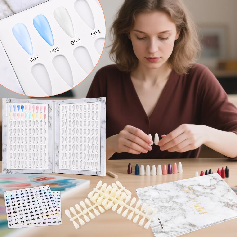 160 Nail Color Display Book with 240 Nail Tips and 1-200 Number Labels, Gel Poli