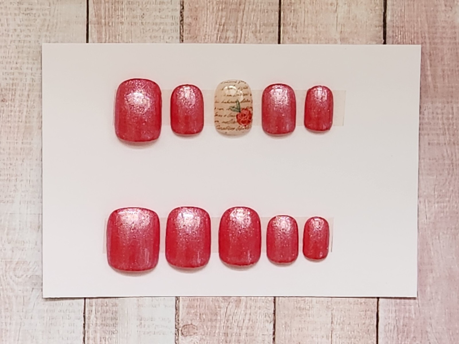 Custom Press On Handmade Gel Nails Red Sparkle Floral Accent Square Short 20 Tip
