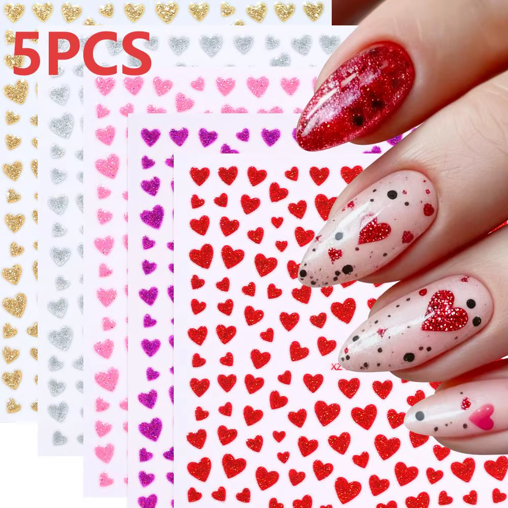 8Pc 3D Mixed Color Heart Nail Stickers Valentines’ Day Sweet Red Pink Love Selfa