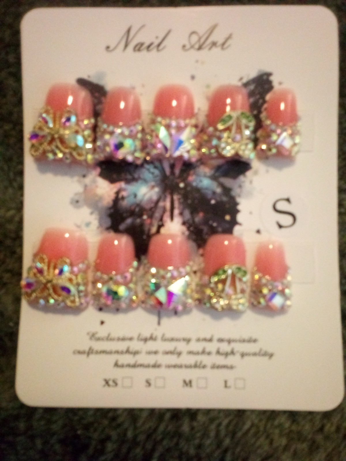 3D Shiny Press-On Nails Pink Gold Multicolor Rhinestones Full Cover Pre-Designed