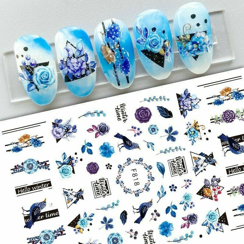 3D Nail Art Sticker Decal Robin Bird Winter Blue Flower Leaves F818 NH21