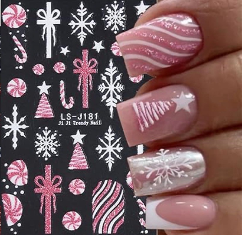 Nail Art Stickers !! PINK & WHITE GLITTER CANDY INSPIRED CHRISTMAS LS-J181