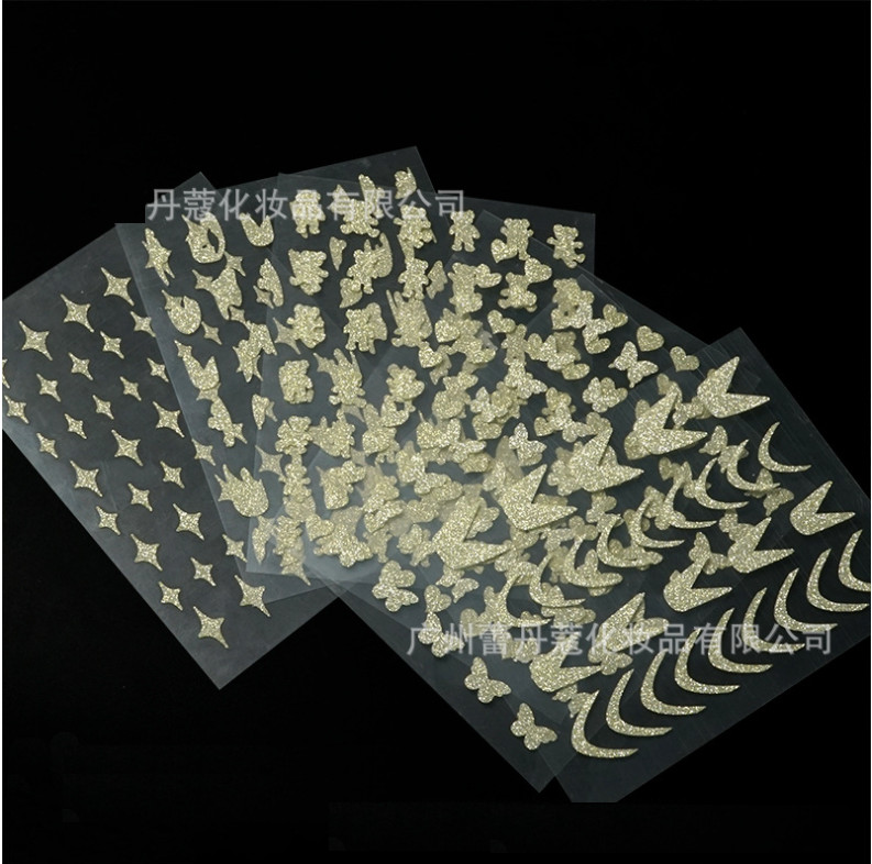 Champagne Gold Glitter Nail Stickers Heart Star Butterfly Bear Flame French NS53