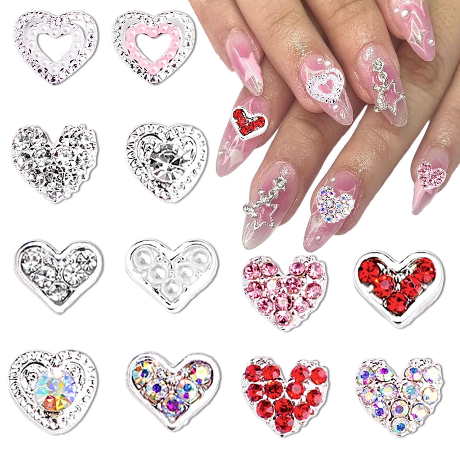 12Pcs Silver 3D Heart Nail Art Charms Rhinestones for Nails Valentine’s Decal…