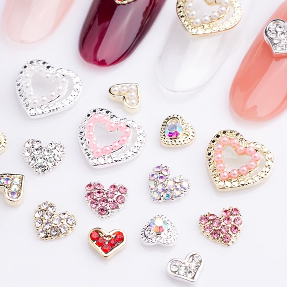 12Pcs Silver 3D Heart Nail Art Charms Rhinestones for Nails Valentine’s Decal…