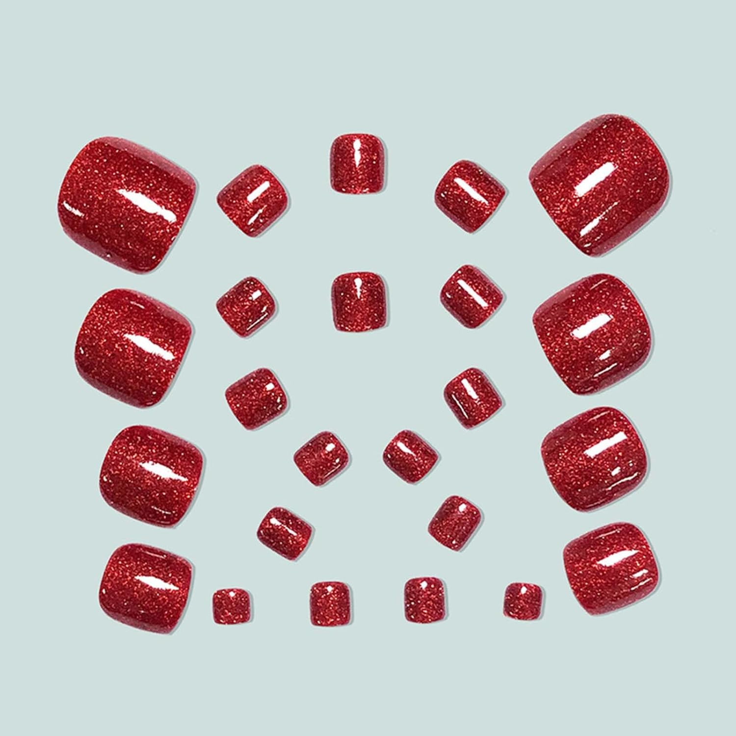 Red Press on Toenails Short Square Fake Toe Nails Red Glitter False Toenails Glo