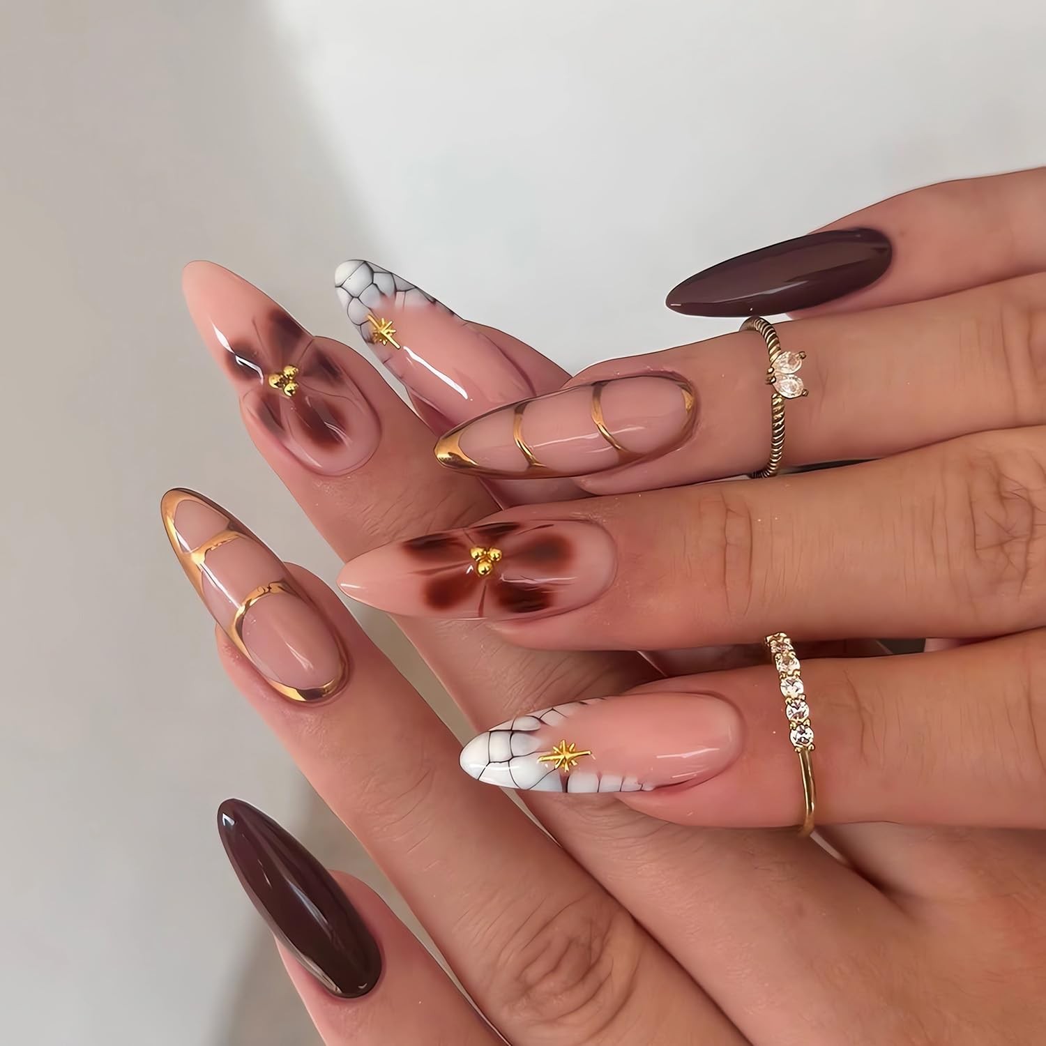 Summer French Tip Press On Nails Flower Design Almond Medium Glossy Fake Nails