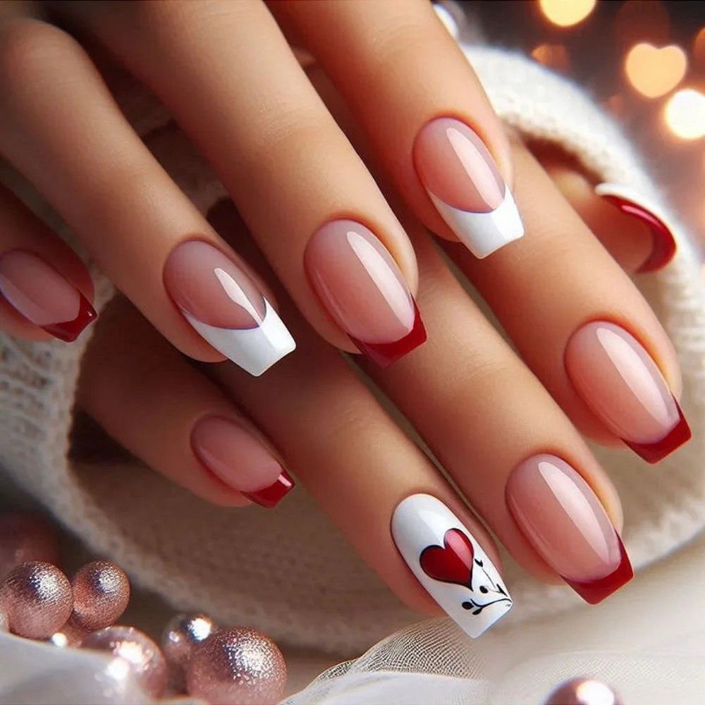 24pcs Valentine’s Day Press On Nails Gradient Red Black Cute Heart Rose French