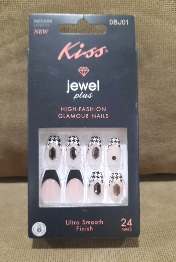 Kiss Jewel Plus Medium Length Nails Glue Included Black White Houndstooth Coffin