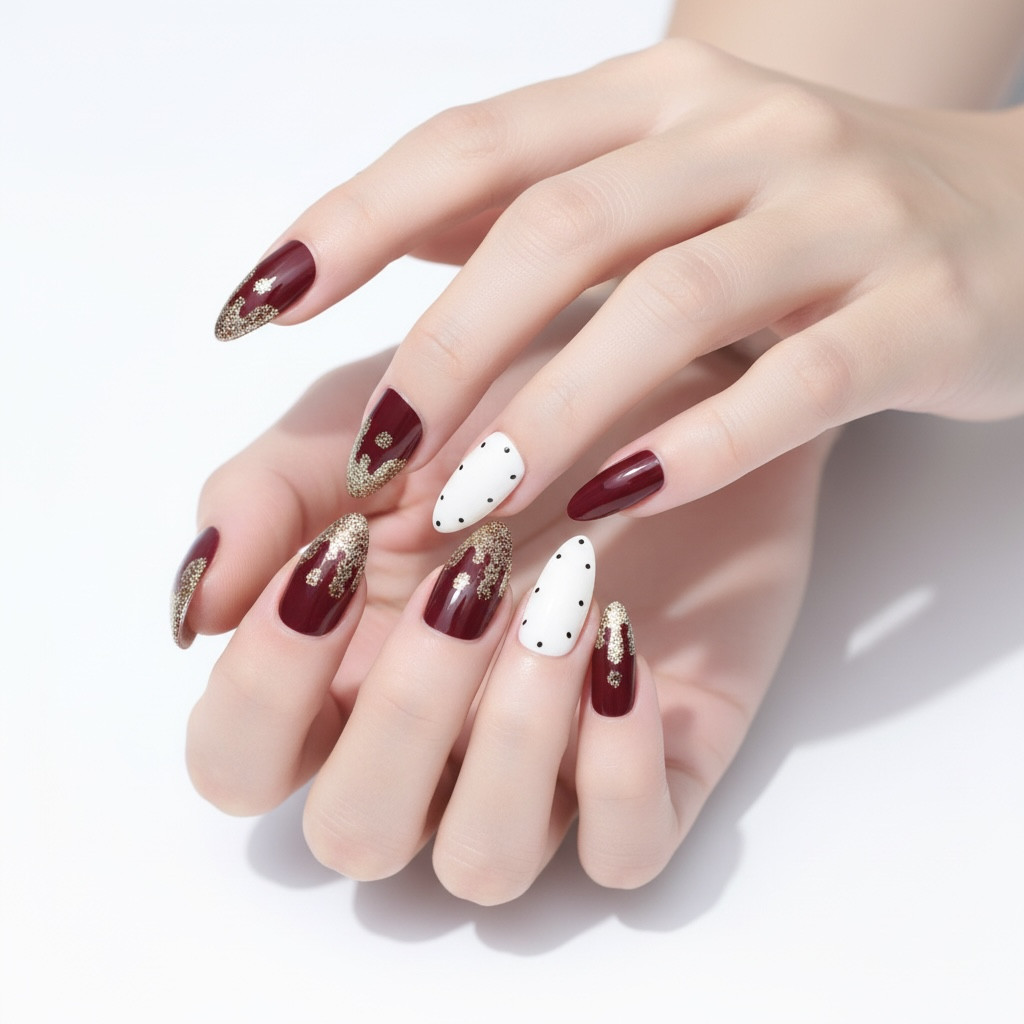 Red Burgundy White Almond Stiletto Long Fake Acrylic False Tips Press On Nails