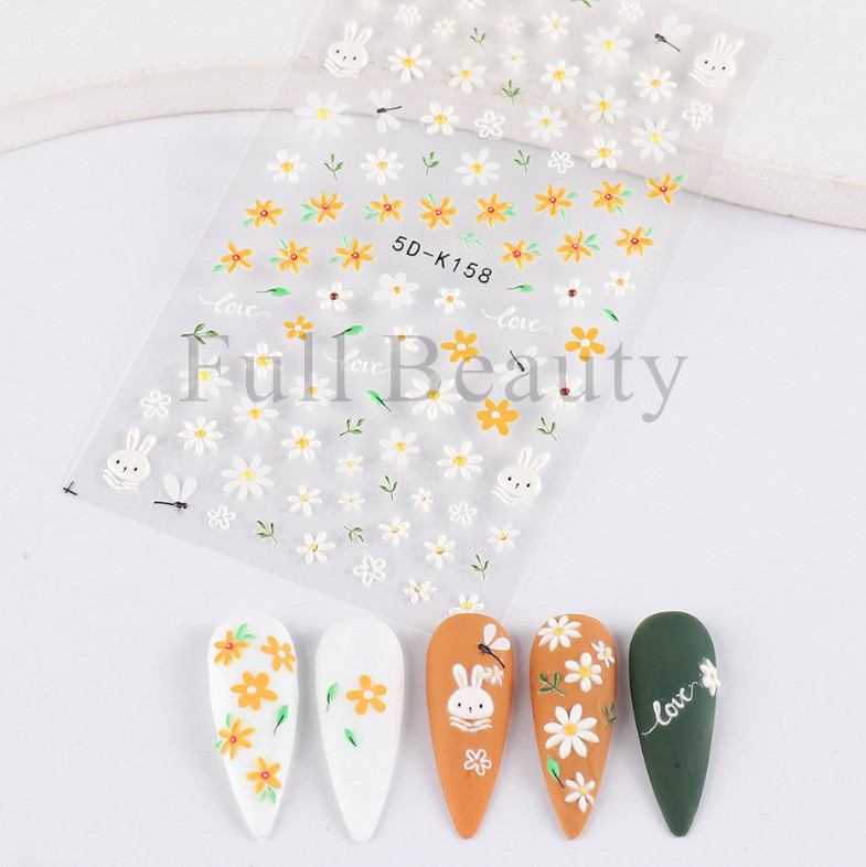 5D Embossed White Love Flower Bunny Daisy Fingers Toe Nail Art Stickers NS25