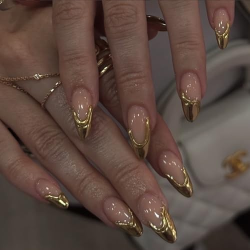 Medium Press on Nails Almond – Gold Fake Nails with 3D Design – Gold French