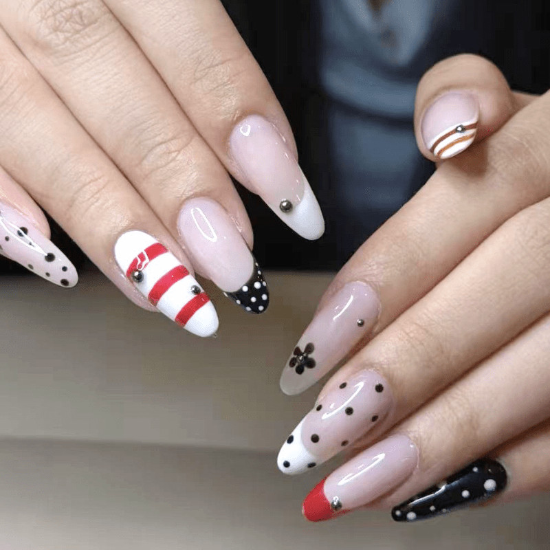 48 Pcs Stripe Dot Press on Nails, Medium Almond Nude Minimal Trendy Fake Nails