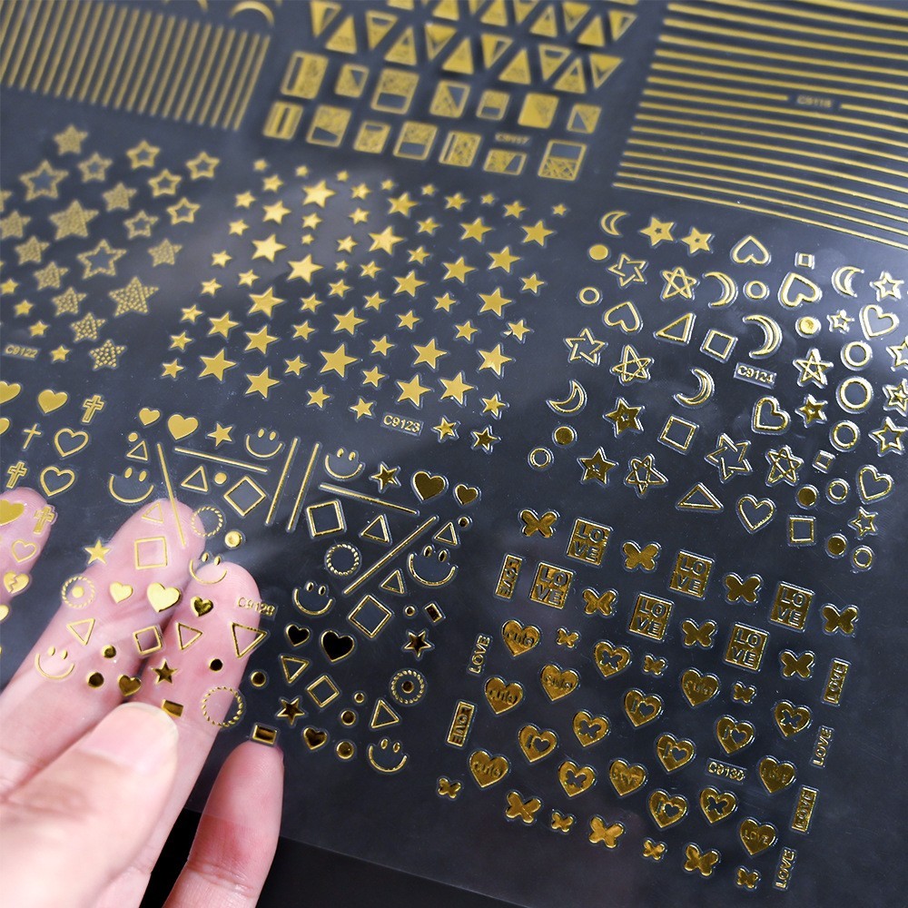 10 Sheets Nail Art Stickers Gold Lace Moon Star French Line Geometric Slider C91