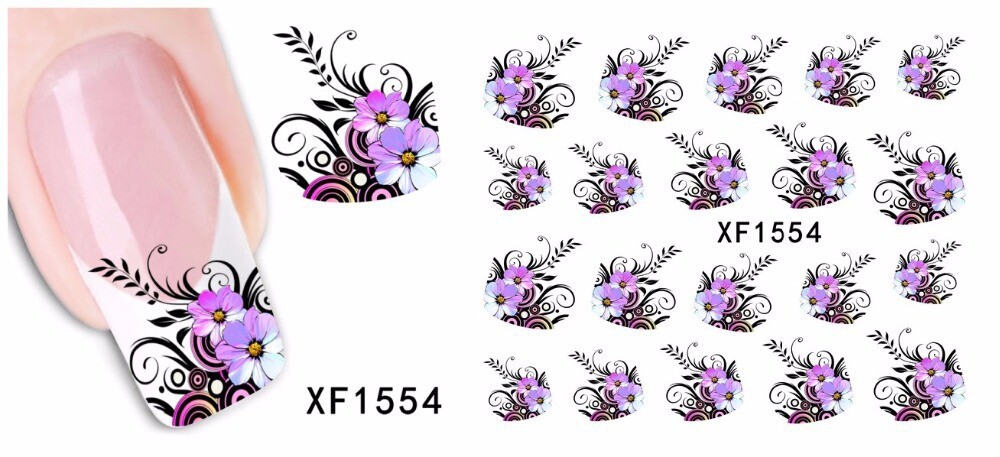 Nail Art Water Transfer Sticker Decal Stickers Pretty Flowers Pink Purple XF1554