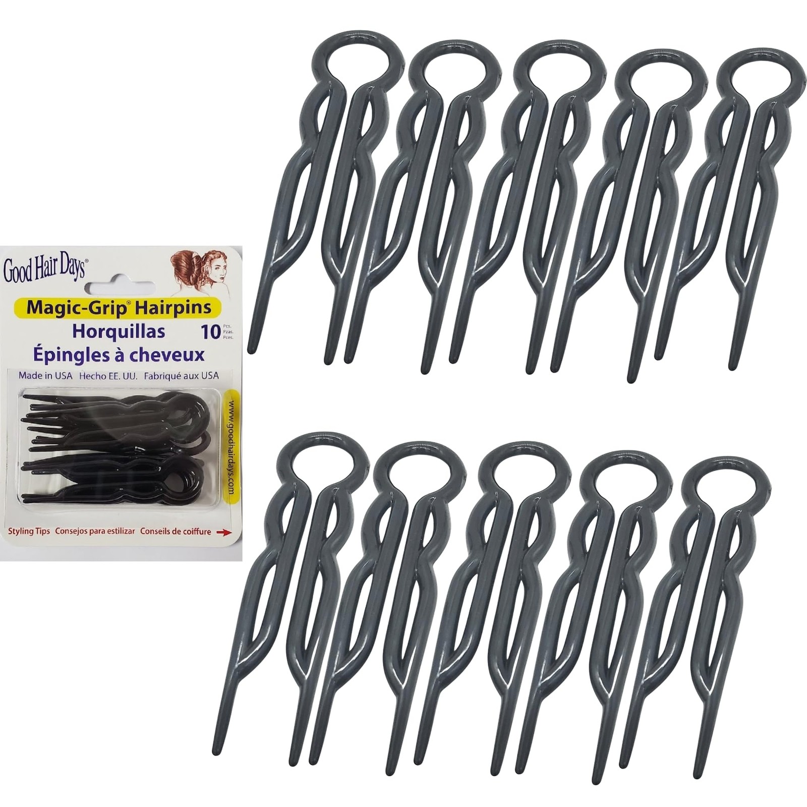 Good Hair Days Magic-Grip Hairpins – 2 1/2″ U-Shaped Grip Set of 10, Black