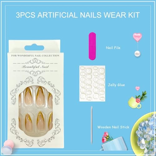 Press on Nails Medium Almond Fake Nails with Designs 3D Gold Gold French Tip