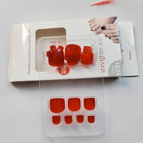 Red Square Press On Toenails 24Pc Glossy ABS False Toe Nails