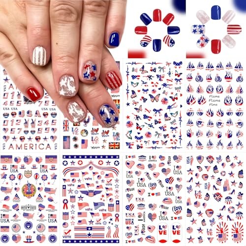 8 Sheets 4th of July Nail Stickers – USA Flag 3D Self Independence Day
