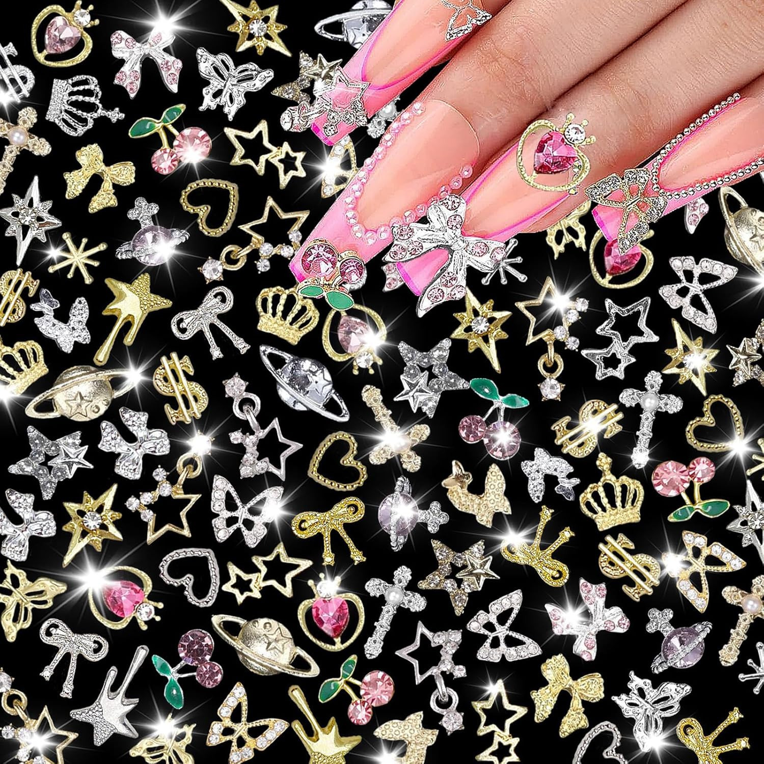 120 Pcs Silver Gold Nail Charms 3D Butterfly Cherry Star Bow Cross Planet Crown