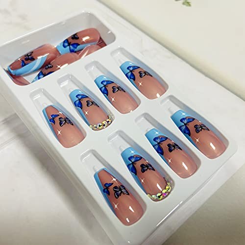 Medium Blue Ballerina French Tip Press on Nails – Butterfly Design