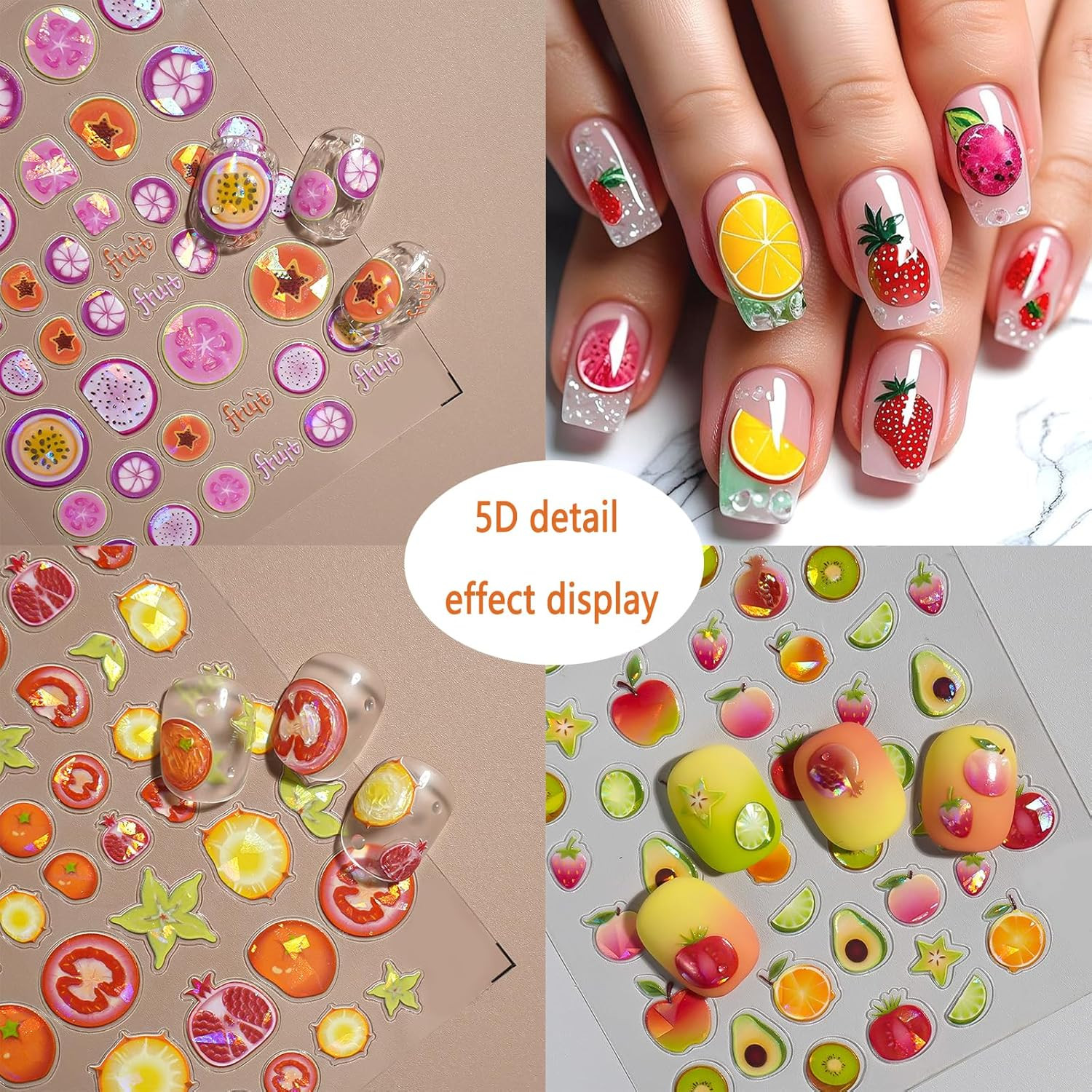 3 Sheets Summer Fruit Nail Art Stickers 5D Self-Adhesive Shell Light Embossed Le
