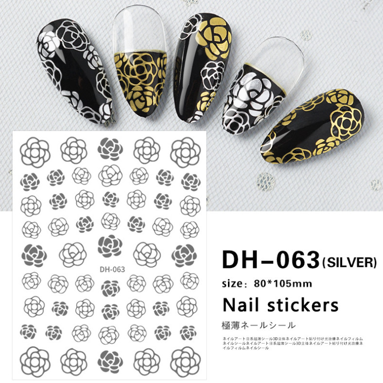 Nail art 3D stickers Adhesive Decals White Black Gold Rose Flower DH63 DIY NS53