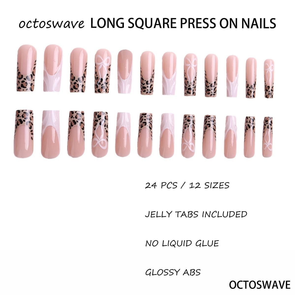 OCTOSWAVE Long Square Press On Nails, Nude Pink French Tip Fake Long, White