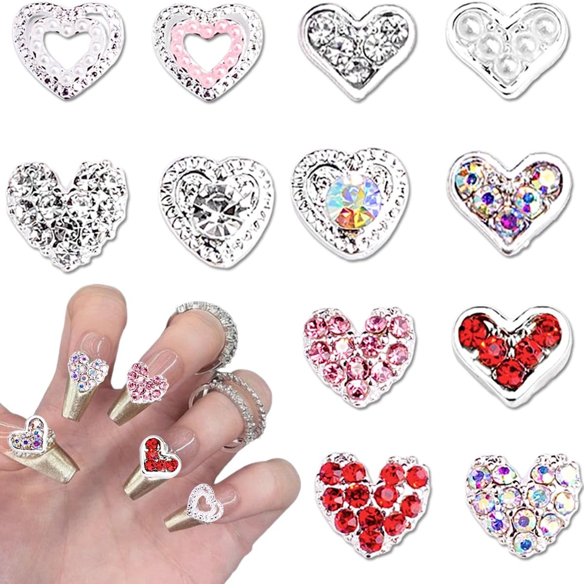12Pcs Silver 3D Heart Nail Art Charms Rhinestones for Nails Valentine’s Decal…