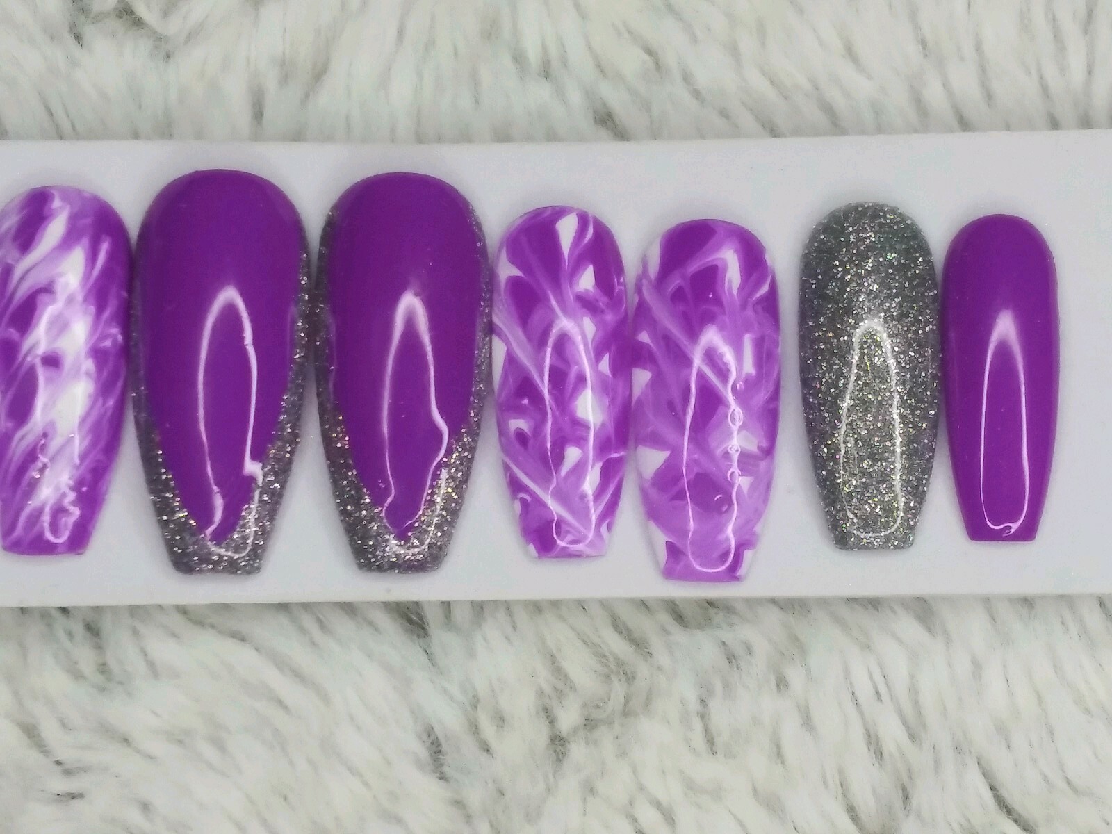 Purple white & silver holographic glitter tie dye press on nails long coffin